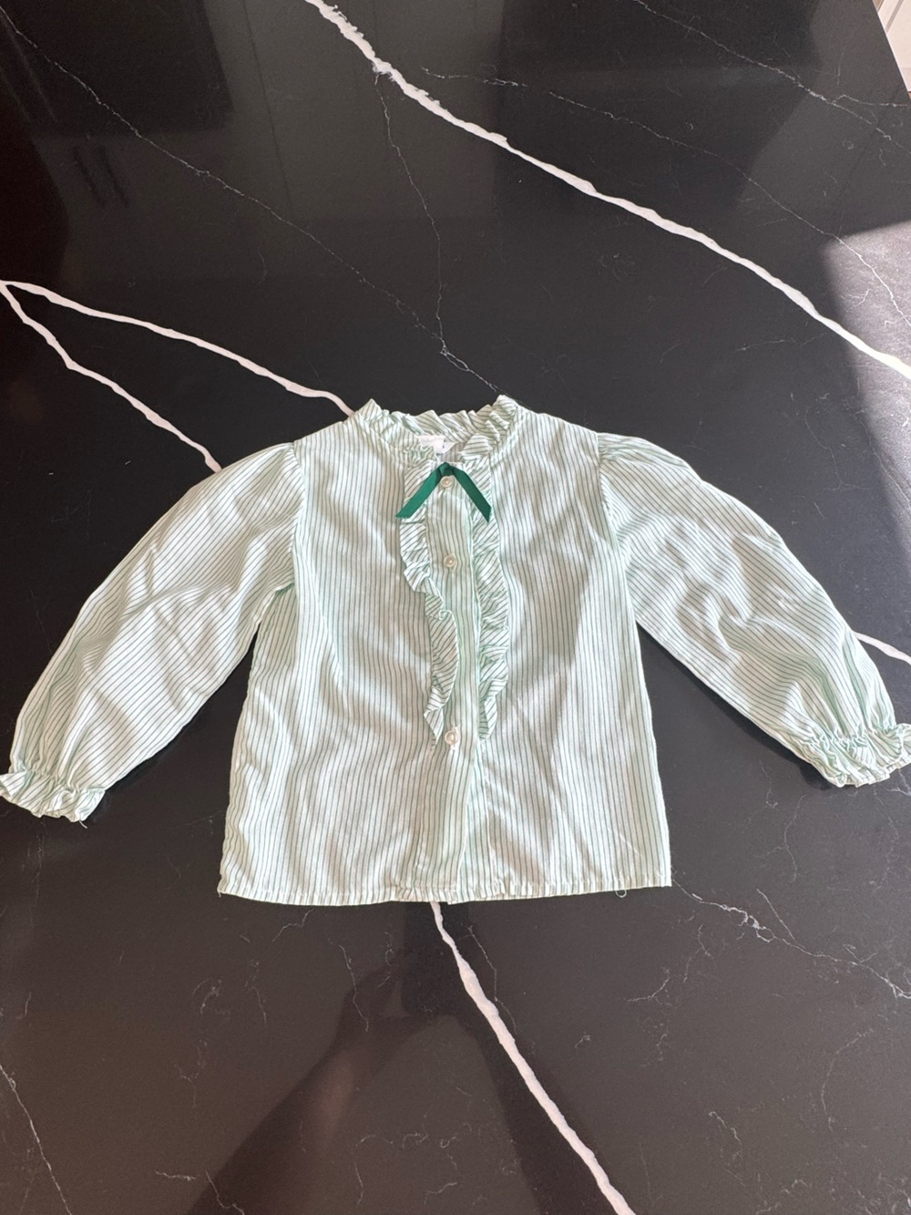 Vintage Good Lad Girls Green and White Striped Ruffle Blouse